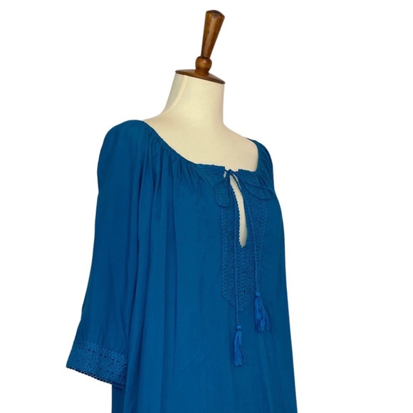 Boho Teal Blue Loose V-Neck Drawstring Beach Bikini Coverup - Picture 8 of 12